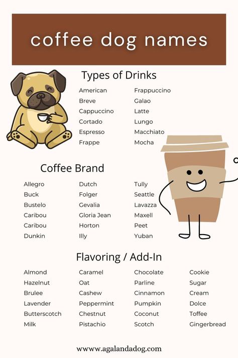 List of coffee dog names. Cat Cafe Name Ideas, Coffee Brand Names Ideas, Coffee Names Ideas, Cute Cafe Names, Food Dog Names, Dog Cafe Aesthetic, Dog Symbolism, Girl Pet Names, Cafe Names Ideas