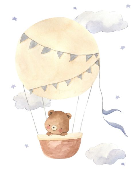 Oil Painting For Nursery, Hot Air Balloon Print, Baby Nursery Paintings, Nursery Illustration Art, Painting Ideas For Nursery, Ballon Watercolor, Painting For Baby Room, Baby Painting Ideas, Baby Boy Nursery Artwork