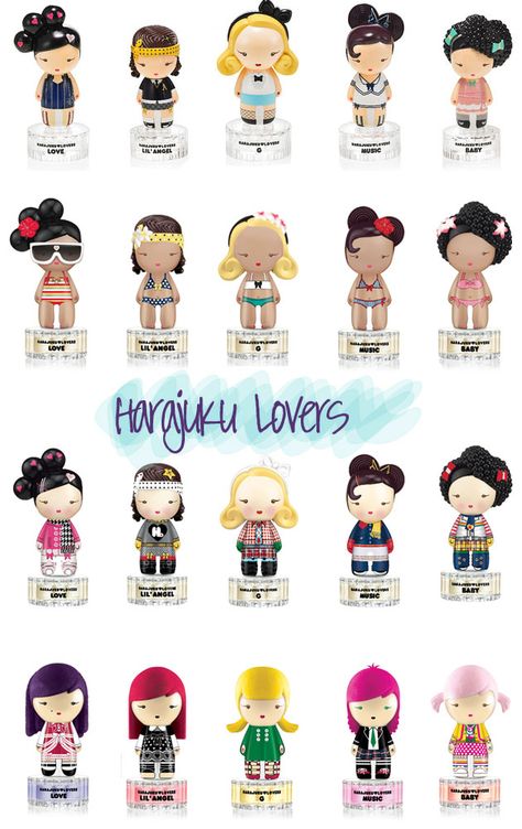 Harajuku Lovers=Super Cute!  I have the original top row and the bottom row.... i wish i got the snow bunnies and beach cuties... Pretty Perfume Bottles, Harajuku Lovers, Harajuku Girls, Top Golf, Celebrity Perfume, Baby Music, Cute Toys, Perfume Collection, Beach Bum