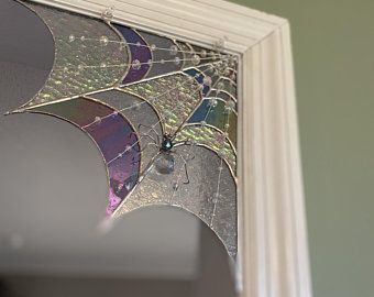 Stained Glass Spider Web, Stained Glass Spider, Door Topper, Uhyggelig Halloween, Spider Web Decoration, L'art Du Vitrail, Stained Glass Window Panel, Stained Glass Window Hanging, Halloween Spider Web