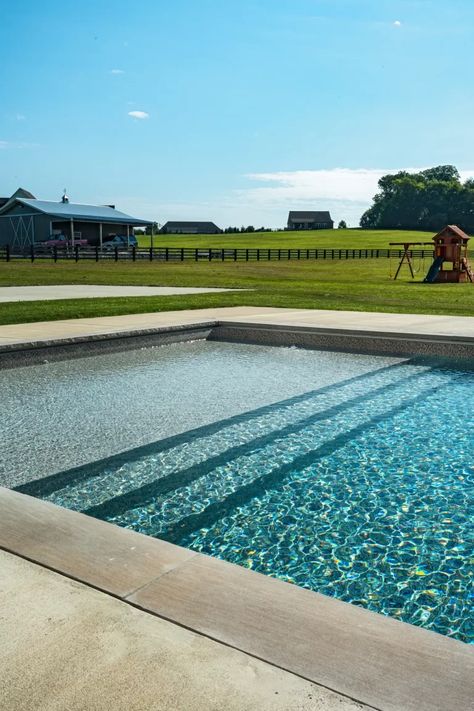 Murfreesboro Pool Photos | Nolensville Custom Pool Builder Pool Designs Rectangular, Pool On A Farm, Rectangle Pool Designs With Tanning Ledge, Inground Rectangle Pool Ideas, Country Home Pool, Inground Pool Ideas Rectangular, Inground Pool Step Ideas, Outdoor Inground Pool Area Ideas, Swimming Pool Backyard Ideas