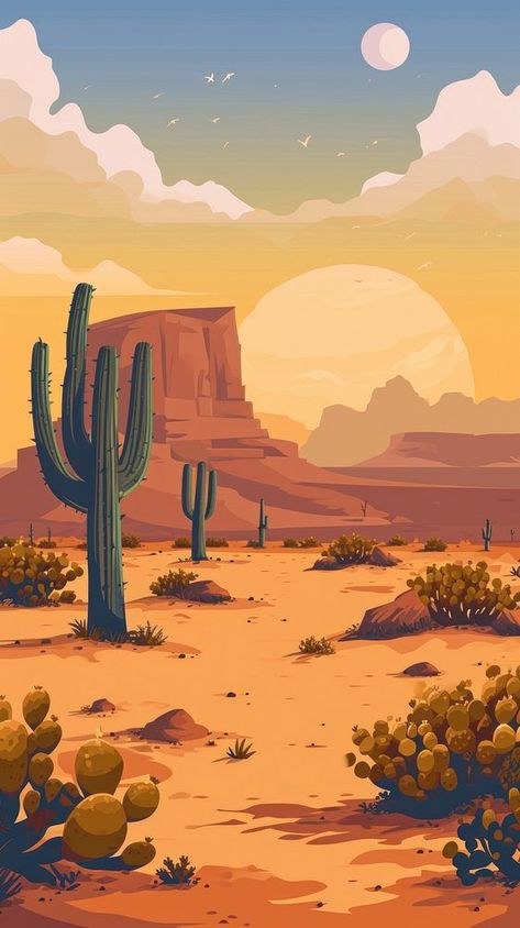 Desert landscape desert outdoors nature. | premium image by rawpixel.com Southwest Wallpaper, Waterfall Drawing, Cactus Silhouette, Cactus Wallpaper, Landscape Desert, Cactus Illustration, 2160x3840 Wallpaper, Desert Life, Desert Art