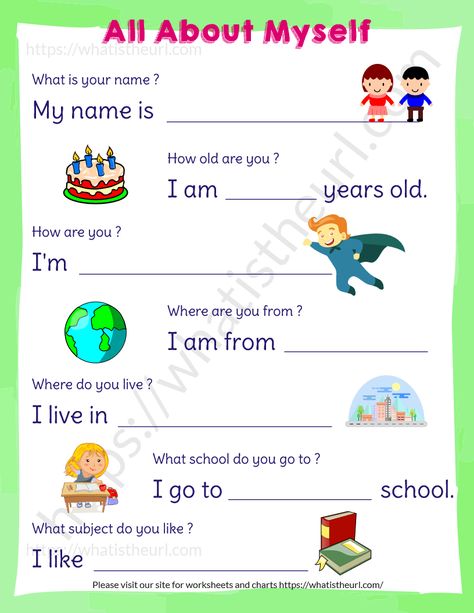 All About Myself Worksheet for KG, UKG and Little kids - Your Home Teacher Teaching Methods For Kids, About Myself Worksheet For Kids, About Myself Worksheet, All About Myself, About Me Worksheet, Worksheet For Kindergarten, Test For Kids, All About Me Worksheet, English Activities For Kids