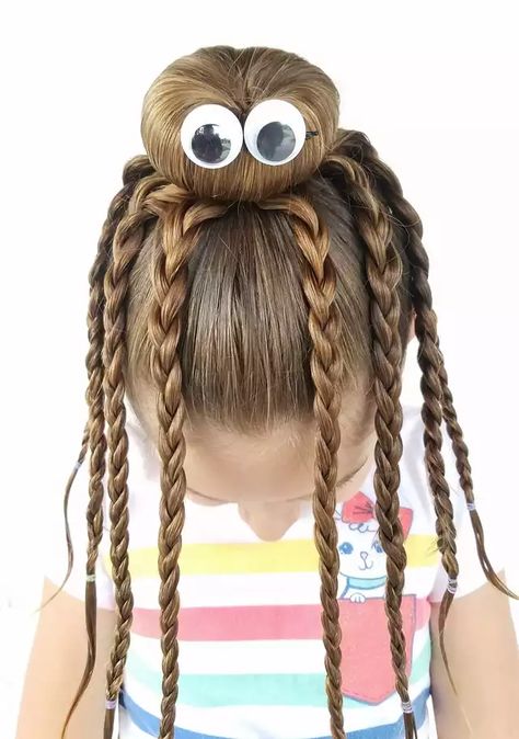 We had fun creating this octopus bun hairstyle with my daughter. With school starting up, I thought some of you could use some inspiration for crazy hair day. - Imgur Spider Hairstyle, Easy Hairstyles For School, Wacky Hair Days, Crazy Hair Day, Wacky Hair, Kids' Braids, Crazy Hair Day At School, Easter Hair Bow, Crazy Hair Days