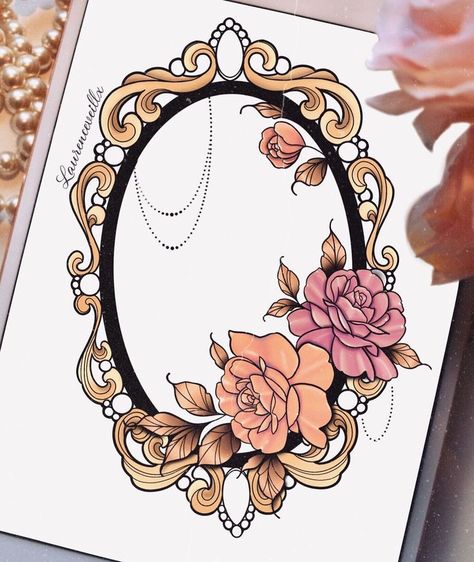 Filigree Frame Drawing, Neo Traditional Frame Tattoo, Flower Frame Tattoo Design, Mirror Frame Tattoo Design, Mirror With Flowers Tattoo, Framed Flowers Tattoo, Frames Tattoo Design, Frame With Flowers Tattoo, Neo Traditional Mirror Tattoo