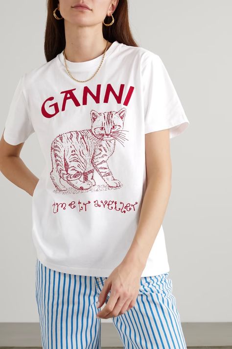 Ganni T Shirt, Tshirts Design, Wishlist Clothes, Turtleneck T Shirt, Red Embroidery, Fashion Sale, Cat Print, Pre Fall, Jersey T Shirt