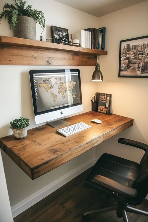 "Maximize your workspace with a DIY Floating Desk! 🛠️💻 Perfect for creating a sleek, modern desk that saves space and adds style. 🌟✨ #FloatingDesk #DIYProjects #WorkspaceDesign" L Shaped Office Desk Ideas Layout, Bachelor Living Room, Rustic Home Office Ideas, Diy Floating Desk, Floating Desks, Rustic Home Office, Office Guest Bedroom, Home Office Closet, Rustic Home Offices