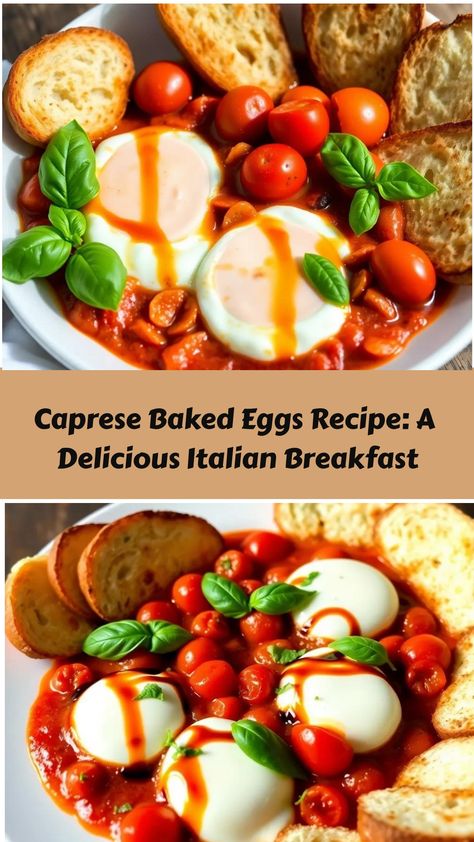 Enjoy a delightful twist on breakfast with Caprese Baked Eggs! Fresh tomatoes, creamy bocconcini, and basil create a savory, satisfying dish to savor! Chicken Kiev Recipe, Tomato Breakfast, Baked Eggs Recipe, Brunch Inspiration, Chicken Kiev, Italian Breakfast, Vegetarian Salads, Flavored Sugar, Freshly Squeezed Orange Juice