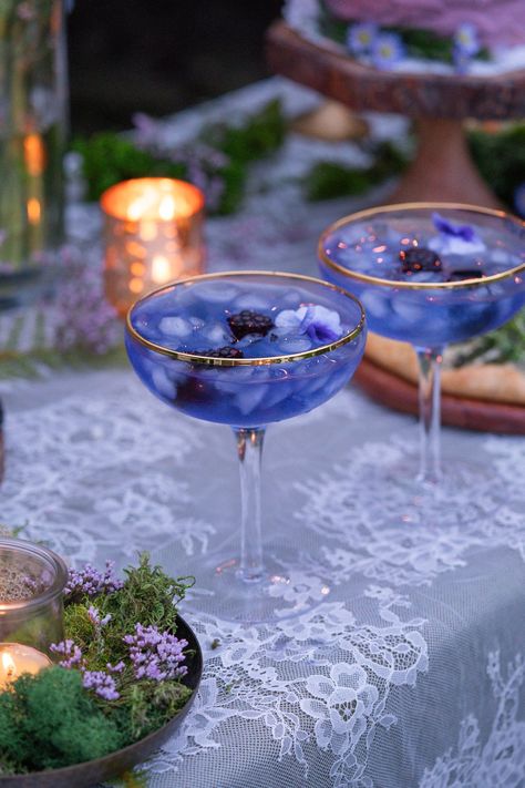 Jump to Recipe Elegant Drinks Aesthetic, Witchy Tea Party Food, Self Care Mocktails, Beautiful Alcoholic Drinks, Fairy Party Drink Ideas, Mid Summer Nights Dream Party Food, Midnight Tea Party, Garden Theme Tea Party, Blue Tea Recipe