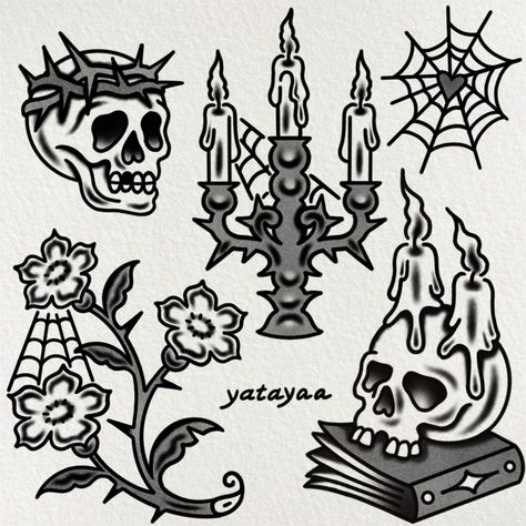 Spooky season | gothic traditional tattoo Horror Traditional Tattoo Flash, Traditional Skin Rip Tattoo, American Traditional Tombstone Tattoo, American Traditional Small Flash, Vampire Themed Tattoos, Mouse Tattoo Traditional, Cat American Traditional Tattoo, Spooky Filler Tattoo, Trad American Tattoo