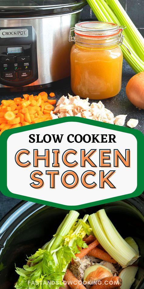 Slow Cooker Chicken Stock - Fast and Slow Cooking Crock Pot Chicken Stock, Slow Cooker Chicken Stock, Ina Garten Chicken Stock, Crockpot Chicken Stock, Homemade Stock, Costco Rotisserie Chicken, Chicken Stock Recipe, Stock Recipes, Homemade Chicken Stock