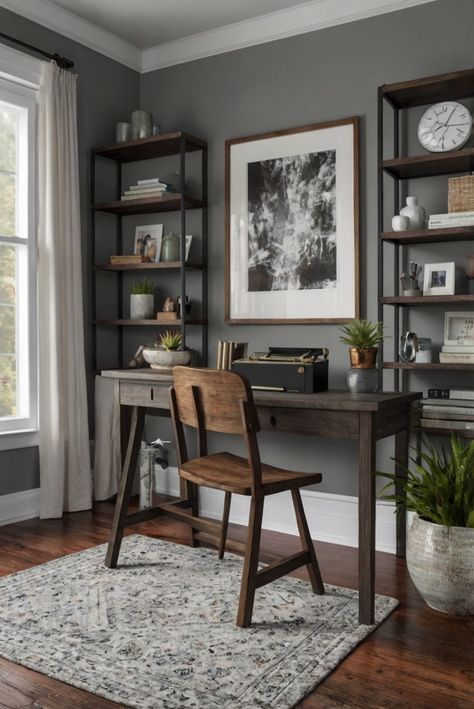 home decor interior design, interior bedroom design, kitchen designs, living room interior Manly Home Office Ideas, Office Ideas Dark Wood Desk, Office With Dark Floors, Home Office Gray Walls, Dark Gray Office Walls, Masculin Office, Den Office Ideas, Gray Office Ideas, Grey Office Ideas