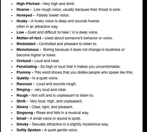 Words to Describe Someone's Voice - 2 Character Tone Of Voice, Words That Describe Someone's Voice, Writing Voice Description, Ways To Describe Voices In Writing, Words To Describe Tone Of Voice, Words To Describe Appearance, Describe Voice Tone, Describe Voice Writing, How To Describe Someone's Voice