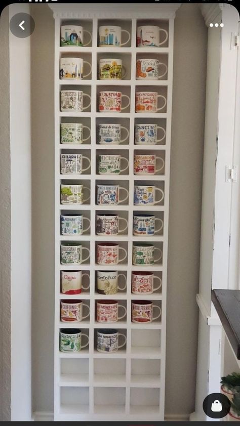 Starbucks Mug Display Shelf, Display For Coffee Cups, Diy Coffee Cup Display, Starbucks Mug Organization, Mug Collection Display Aesthetic, Starbucks You Are Here Mugs Display, Been There Mugs Display, Starbucks Travel Mug Display, Starbucks Mugs Collection Display