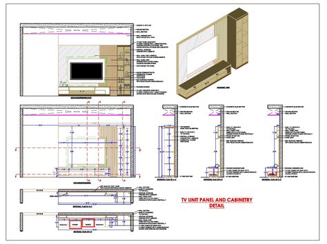 #Autocad #drawing of a TV unit measuring 10’6” in total length with 7’ in height is made of plywood/MDF and finished with laminate in wooden texture and stone texture and wooden strips/fluted panel. The Autocad drawing consists of an elevation, sectional plan, and other construction working detail. #workingdrawing #cad #caddesign #caddrawing #freecaddrawing #planndesign Tv Unit Detail Drawing, Tv Unit Drawing, Tv Unit Elevation, Tv Unit Interior, Fluted Panel, Block Plan, Modern Tv Unit Designs, Tv Unit Design Modern, Cabin Interior Design