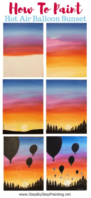 Paint your own sunset with silhouettes of hot air balloons and a treeline. This step by step acrylic painting tutorial is easy for beginners and kids! Sunset And Silhouette Painting, Sunset With Silhouette, Easy Acrilyc Painting Ideas Step By Step, Easy Paintings For Beginners Acrylics Step By Step, Easy Guided Painting, Hot Air Balloon Painting Easy, Acrylic Paint Ideas Easy, Hot Air Balloon Acrylic Painting, Paint Night For Kids