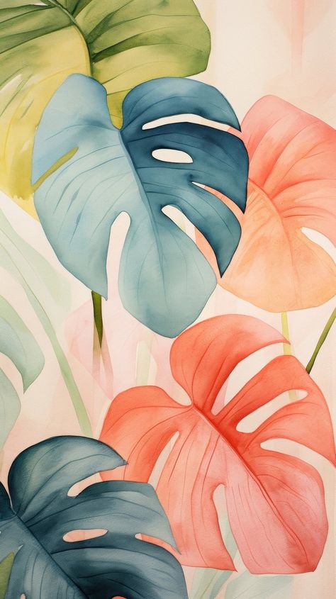 Summer monstera abstract plant leaf. | Free Photo Illustration - rawpixel Watercolor Monstera Leaf, Tropical Flower Art, Anthurium Aesthetic, Monstera Plant Illustration, Plant Background Aesthetic, Leaf Wallpaper Aesthetic, Anthurium Drawing, Tropical Plants Illustration, Monstera Wallpaper