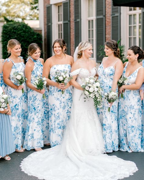 Summer wedding inspiration. Blue floral bridesmaid dresses with white rose bouquets. Floral Bridesmaid Dresses Blue, Blue Floral Bridal Party, Blue Floral Dress Bridesmaid, Blue Floral Bridesmaid Dress, Floral Blue Bridesmaid Dresses, Mixed Blue Bridesmaid Dresses, Floral Bridesmaid Dresses Long, Blue Floral Bridesmaid Dresses, Wedding Inspiration Blue