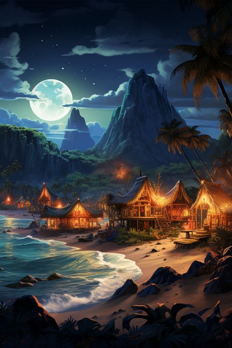 Hawaii Fantasy Art, Tropical Fantasy Aesthetic, Tropical Island Fantasy Art, Tropical City Concept Art, Tropical City Fantasy Art, Tropical Landscape Art, Tropical Island Concept Art, Fantasy Tropical City, Tropical Fantasy Art