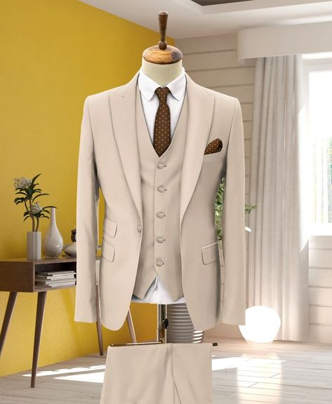 Champagne Suits For Men, Suit Prom, Formal Fashion, Dress Suits For Men, Wedding Suit, Slim Fit Suit, Three Piece Suit, Formal Style, Dress Suits