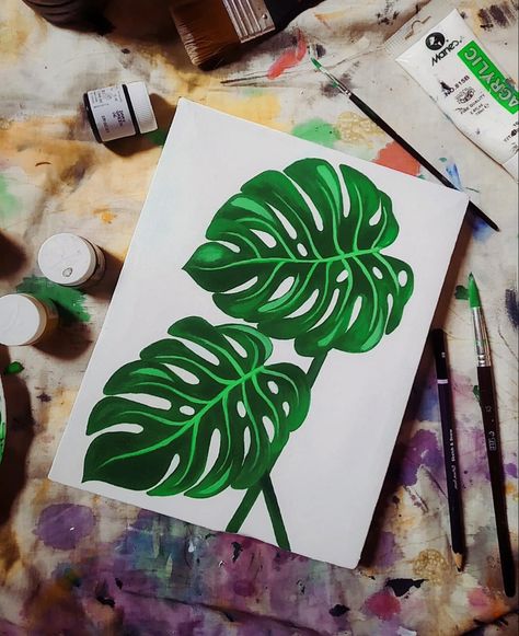 Simple Monstera Painting, Monstera Painting Acrylic, Monstera Embroidery, Monstera Painting, Plant Paintings, Succulent Painting, Rhinestone Painting, Project House, Plant Painting