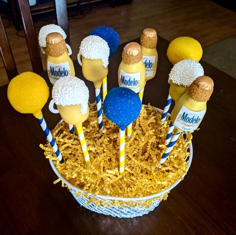 Modelo Themed Birthday Party, Modelo Birthday Party Ideas, Modelo Party Theme, Modelo Beer Theme Party, Beer Cake Pops, Modelo Beer Cake, Beer Themed Birthday Party, Beer Party Theme, Husband Birthday Parties