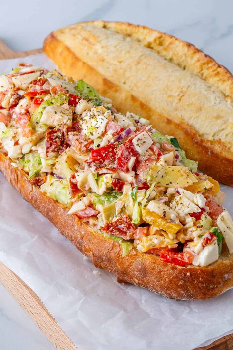 This viral Chopped Italian Sandwich is a flavor bomb! It's your favorite ingredients of an Italian sub sandwich, chopped into bite sized pieces Vegetarian Chopped Sandwich, Chopped Italian Sub Salad, Chopped Sub Sandwich, Chopped Italian Sub, Chopped Italian Sandwich, Chopped Sandwich, Italian Sub Sandwich, Savoury French Toast, Ciabatta Roll