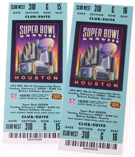 Super Bowl tickets stubs - Super Bowl XXXVIII ticket stub. #NFL #SuperBowl #Championship #SuperBowlTickets Super Bowl Tickets, Game Ticket, Houston Clubs, Nfl Superbowl, Super Bowl Nfl, Game Tickets, Ticket Stub, Bowl Game, Championship Game