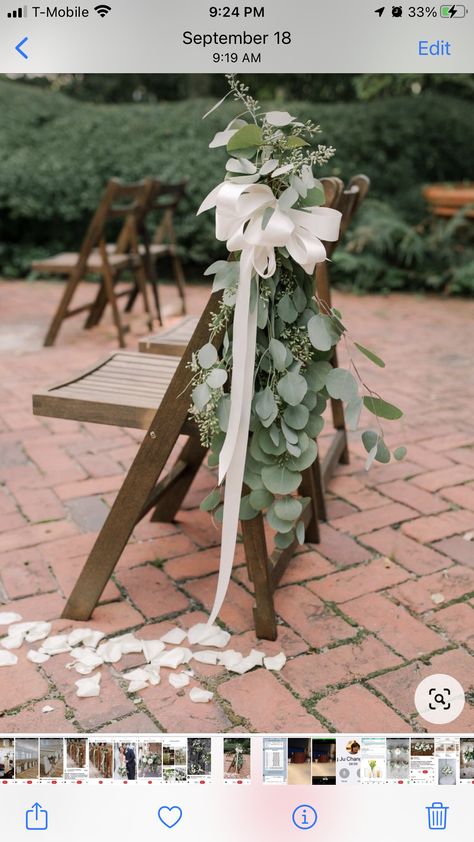 Pew Bows With Eucalyptus, Greenery On Pews Wedding, Eucalyptus Isle Wedding, Eucalyptus Wedding Aisle Chair Decor, Eucalyptus Chair Decor, Chair Swags Wedding, End Of Wedding Aisle Decor, Eucalyptus Altar, Eucalyptus Pew Ends