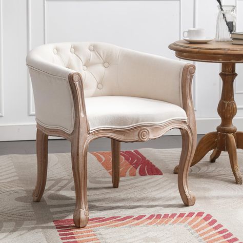 PRICES MAY VARY. 🌺FUNCTIONAL ART: This french style vintage chair by Bonzy Home marries modern strength with French country flair, characterized by its weathered wood frame, unique carvings, and elegant muted colors that complement any home. 🌺GRACEFUL ACCENTS: Wrapped in ultra breathable linen upholstery with classic diamond button tufted backrest, this barrel chair offers a classy yet inviting look, while the floral carvings on each curved leg add a romantic touch to your space. 🌺SUPERIOR CO Bedroom French Country, French Accent Chairs, French Country Chairs, Office Beige, Cottage Chairs, Bedroom French, French Accent, Comfy Living Room, Chair Vintage