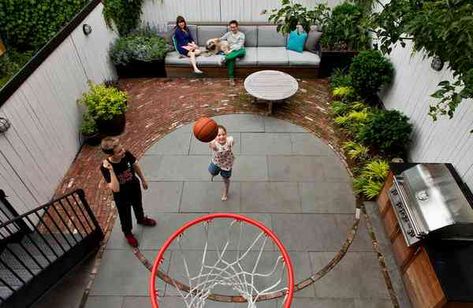 Backyard Court, Home Basketball Court, Basketball Court Backyard, Backyard Basketball, Backyard Sports, Outdoor Basketball Court, Backyard Garden Landscape, House Backyard, Small Backyard Gardens