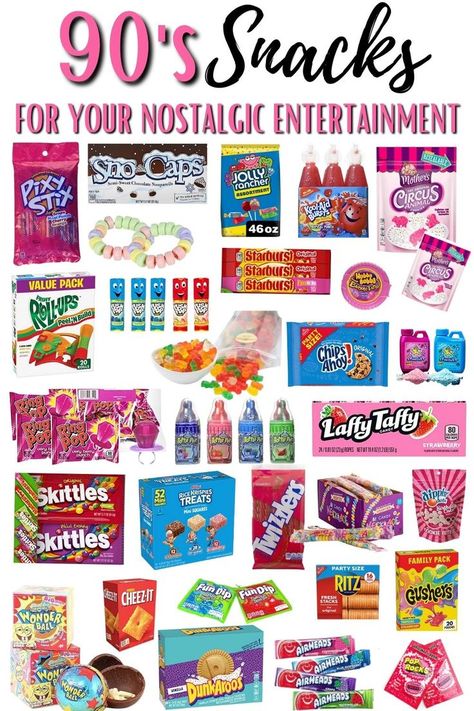 90'S SNACKS Back To The 90s Theme Party, 90s Birthday Party Theme Aesthetic, 90s Theme Goodie Bags, 90s Party Food Table, 90s Themed Bday Party, 90s Movie Party, 90s Party Drink Ideas, 90s Theme Brunch, 90s Birthday Party Aesthetic