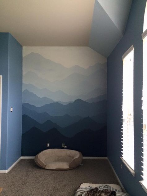 Mountain Panel Wall, Blue Mountain Wall Mural, Blue Mountain Mural, Ombre Mountain Mural, Mountain Inspired Bedroom, Murals For Bedroom Wall, Mountain Wall Paint, Diy Mountain Mural Wall Paintings, Mountain Feature Wall