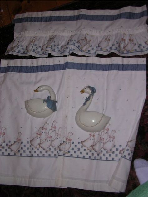 Vintage Blue Goose kitchen curtains with valance and tiers and ... Curtains With Valance, Blue Kitchen Curtains, 80s Country, Rustic Farmhouse Kitchen Cabinets, Curtains Kitchen, Old Kitchen Cabinets, Small Cottage Kitchen, Duck Decor, Kitchen Design Color