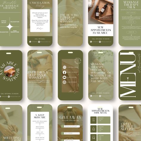 Massage Therapist Instagram Templates, Massage Social Media, Salon Spa Instagram Template Instagram Stories Template Design, Wellness Spa Design, Massage Templates, Therapist Social Media, Body Energy Flow, Spa Instagram, Instagram Branding Design, Instagram Font, Spa Design