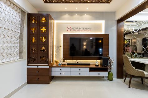 Tv Showcase With Pooja Room, Living Room Partition With Temple, Living Room Temple Ideas, Tv Unit Design With Pooja Room, Small Tv Unit With Puja Unit, Mandir Tv Unit Design, Pooja Room Attached With Tv Unit, Tv Panel With Mandir, Living Room Mandir Design