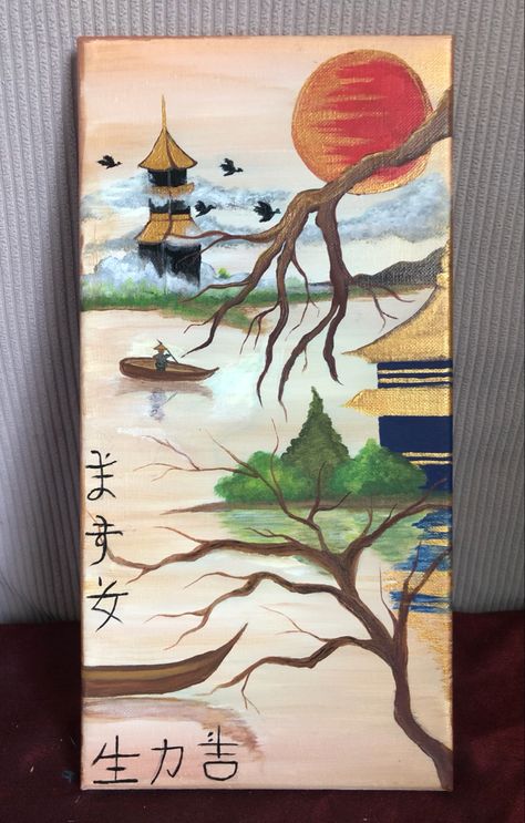 Painting Ideas Japan, Japan Painting Easy, Japan Painting Acrylic, Japanese Acrylic Painting, Japanese Canvas Painting, Asian Drawings, Butterfly Feeder, Vinyl Art Paint, Anime Canvas Painting