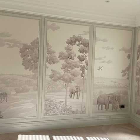 French Wall Molding Wallpaper, Nursery With Angled Ceiling, Wallpaper Panels Nursery, Nursery With Mural, Painting Kids Room Ideas, Aesthetic Nursery Room, Classy Nursery, Nursery Wallpaper Ideas, Neutral Nursery Wallpaper