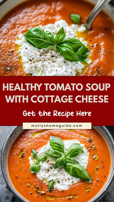 Indulge in the heartwarming flavors of tomato soup with a twist – creamy cottage cheese! This comforting and nutritious dish is perfect for any time of day. The silky smooth texture of cottage cheese adds an extra dimension to the classic tomato soup, making it a delightful treat for your taste buds. Whether you're looking for a cozy meal on a chilly evening or just want to try something new, this recipe is sure to become a favorite. Tomato Cottage Cheese Soup, Healthy Creamy Tomato Soup, Tomato Soup With Cottage Cheese, Cottage Cheese In Soup, Cottage Cheese Soup Recipes, High Protein Tomato Soup, Cottage Cheese Tomato Soup, Cottage Cheese Soup, Soup With Cottage Cheese