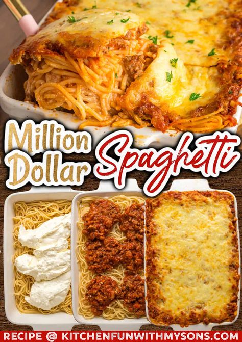 Million Dollar Spaghetti is an easy casserole with layers of spaghetti noodles, a creamy mixture of sour cream, ricotta, and cream cheese, and meat sauce, all topped with lots of cheese. Perfect for busy weeknights & always a favorite for the whole family. #casserolerecipes #easyweeknightdinners Spaghetti Noodle Bake, Million Dollar Baked Spaghetti Recipe, Spaghetti For Two Recipes, Paula Deen Million Dollar Spaghetti, Spaghetti For Large Group, Spagetti Noodle Mac And Cheese, Spaghetti Noodle Dinner Ideas, Spaghetti With Cream Of Mushroom Soup, Million Dollar Spaghetti Ricotta