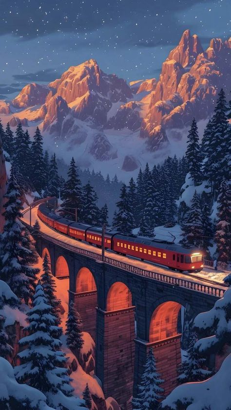 Winter Train iPhone Wallpaper Hogwarts Winter Aesthetic Wallpaper, Ghibli Winter, Winter Train, Lockscreen Themes, Train Wallpaper, Magical Sky, Iphone Wallpaper Winter, Pixel Art Background, Oil Painting Inspiration