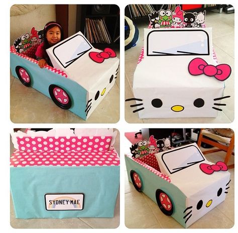 Hello Kitty Box Car Cardboard Box Car, Cardboard Car, Hello Kitty Car, Hello Kitty Birthday Party, Cardboard Design, Hello Kitty Party, Hello Kitty Birthday, Diy Cardboard, Cat Party