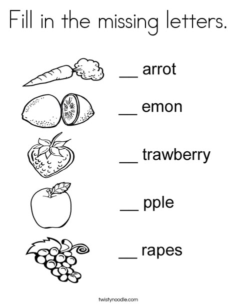 Fill in the missing letters Coloring Page - Twisty Noodle Free Educational Printables, Missing Letters, Kindergarten Phonics Worksheets, Twisty Noodle, Kindergarten Reading Worksheets, English Activities For Kids, Initial Sounds, Alphabet Worksheets Preschool, Worksheets Preschool