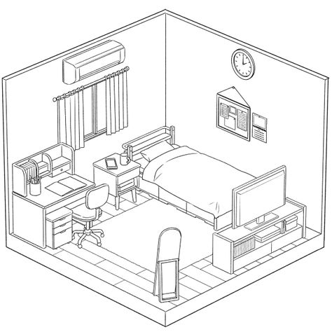 haha but cool Croquis, Study Room Drawing Sketch, Box Room Design, Corner Of A Room Drawing, Dorm Drawing, Isometric Room Drawing, Furniture Sketching, Wall Drawing Bedroom, Dorm Layout