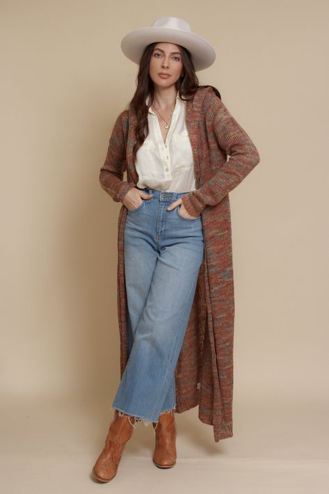 Long cardigan with hood Long Knit Vest Outfit, Cardigan Duster Outfits, Sweater Duster Outfit, Velvet Cardigan Outfit, Aztec Cardigan Outfit, Kimono Jacket Outfit, Lainey Wilson Outfits, Western Winter Outfits Women, Long Cardigan Outfit Fall