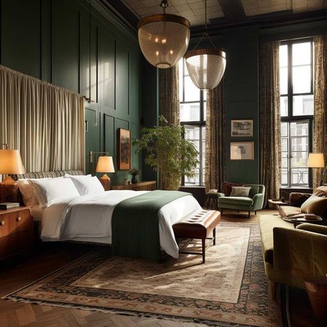 Soho House Bedroom Elegance and Design Ideas • 333+ Images • [ArtFacade] Dark Mcm Bedroom, Green Luxury Bedroom, Dark Green Moody Bedroom, Black And Green Bedroom, Green And Black Bedroom, 1920s Bedroom, Emerald Green Bedrooms, Peacock Bedroom, Hotel Bedrooms