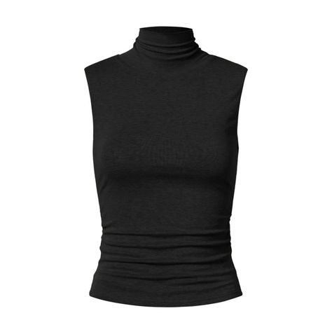 Features: - Turtle Neck Provide A Sleek & Streamlined Look - Sleeveless Perfect For Layering Under - Ruched Sides Creates A Flattering Effect By Accentuating Your Curves - Feel Confident And Trendy Soft Tencel Wool Knit The Knit Construction Of This Fabric Ensures A Soft And Gentle Touch Against The Skin. The Lightweight Nature Of This Fabric Allows Unrestricted Movement And Breathability, Ensuring All-Day Comfort. The Inclusion Of Wool In The Fabric Composition Provides Insulation And Helps Regulate Body Temperature. - Moisture-Wicking - Temperature Regulation - Soft And Comfy Body: 78% Tencel Fibers 20% Merino Wool Fibers 2% Spandex Care: Machine Wash Cold Do No Bleach Do Not Tumble Dr Tank Top With Turtleneck Under, Turtleneck Without Sleeves, Turtle Neck Halter Top, Tight Black Shirt, Turtle Neck Shirts, Turtle Neck Sleeveless Top, Black Tops For Women, Turtle Neck Outfit, Turtle Neck Sleeveless