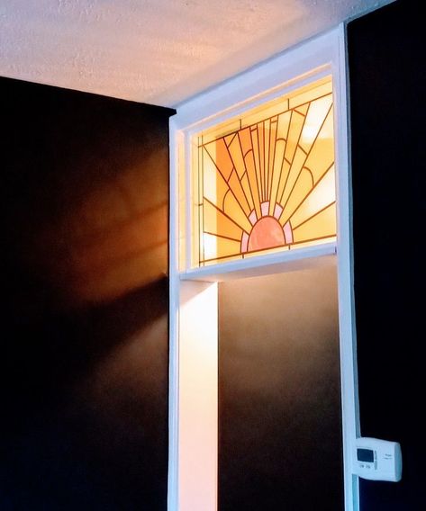 Stain Glass Window Vinyl, Glass Art Window Design, Internal Stained Glass Window, Bedroom Stained Glass Window, Stained Glass Small Window, Stained Glass Over Door, Transom Window Stained Glass Ideas, Stained Glass Fanlight, Stained Glass Cling