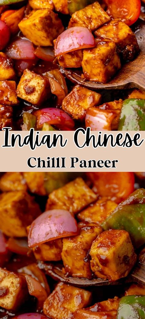 This Indian Chinese chilli paneer is a hakka restaurant style recipe that is quick and easy and the perfect vegetarian meal idea. Packed with a sweet, tangy and spicy sauce with crisp peppers and onions, this is a fantastic way to encourage meatless meals in your home - The crispy paneer chunks are so filling that you won't miss the meat! Chinese Paneer Recipes, Easy Chilli Paneer Recipe, Recipes With Paneer Cheese, Chilly Paneer Recipe, Paneer Easy Recipes, Paneer Recipes Indian Easy, Chili Paneer Recipe, Paneer Recipes Indian, Chilli Paneer Recipe