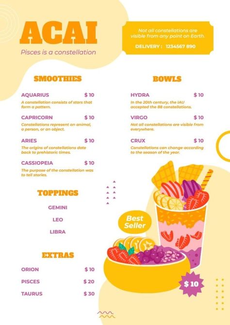 Hand-drawn Waves Acai Menu Acai Menu Design, Acai Bowl Menu Design, Capricorn And Virgo, Brand Kit, Bar Menu, Menu Template, Focus On Yourself, Menu Design, Smoothie Bowl